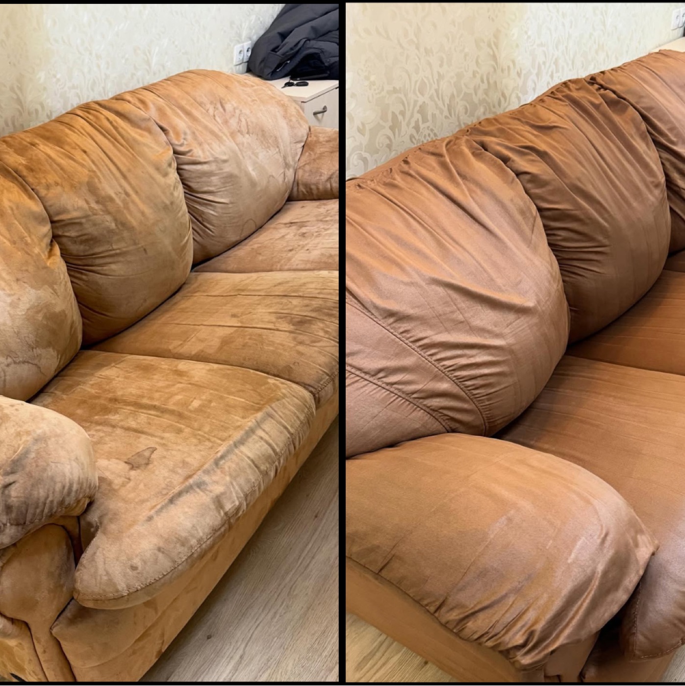 Sofa i mikrofiber før og etter møbelrens